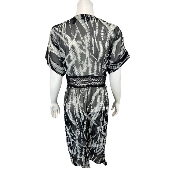 Dennis Basso Printed Chiffon Duster Top with Lace Detail in Black Size Medium - Picture 3 of 4